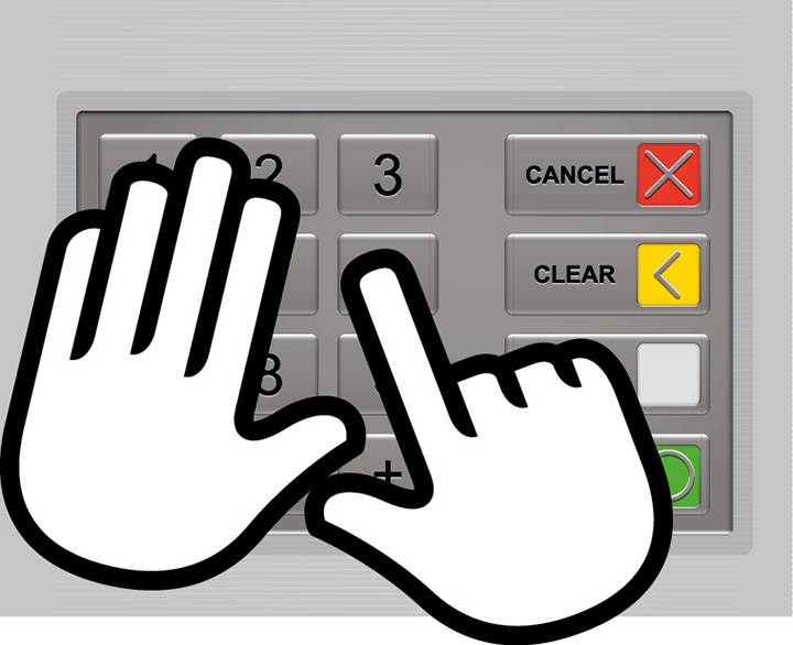 من المهم أن تخفي لوحة المفاتيح باستخدام يدك عند إدخال رقم التعريف الشخصي PIN في ماكينة الصراف الآلي لمنع الأشخاص الآخرين من تدوين رقم التعريف الشخصي الذي تستخدمه